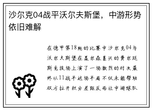 沙尔克04战平沃尔夫斯堡，中游形势依旧难解
